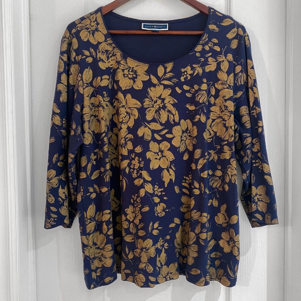 Karen Scott Navy Gold Floral Top 1X 3/4 Sleeve Blouse Plus Size Stretch Top - Picture 1 of 7